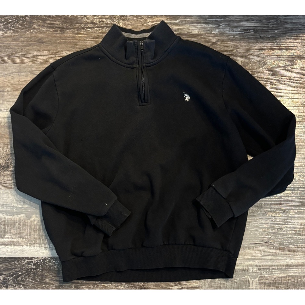 US Polo Assn Mens Quarter Zip Sweatshirt Black Fleece Pullover Large Logo